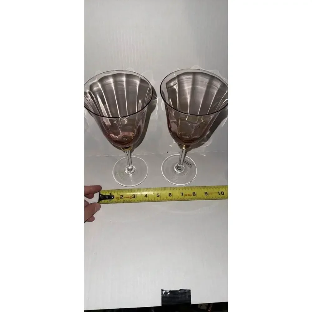 Vintage Pink Optic Fluted Wine Glasses Gold Ball Sphere Stem MCM